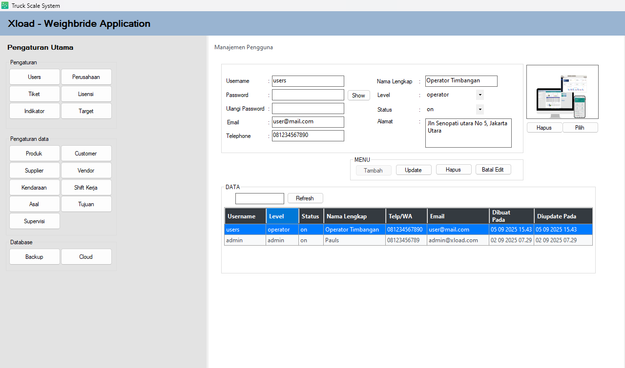 Pengaturan pengguna software jembatan timbang